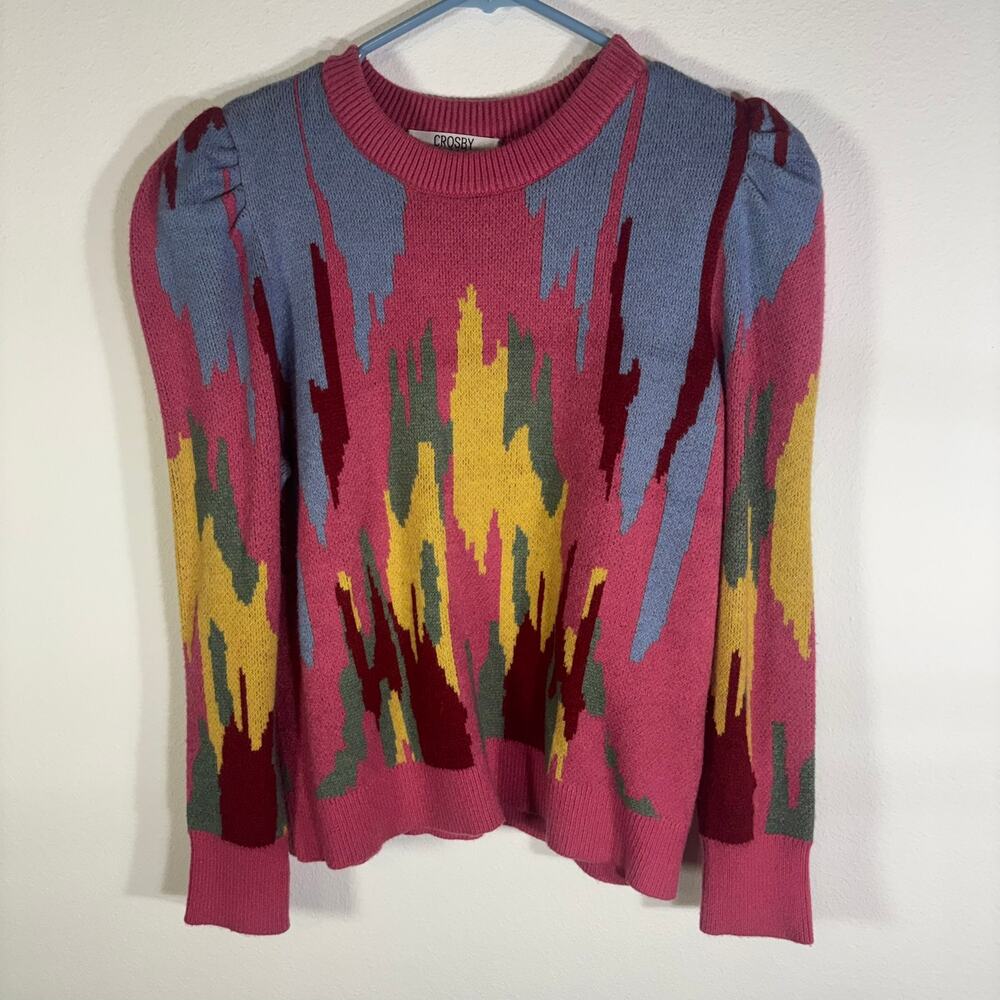 Crosby by Mollie Burch Sweater XS Pink Abstract Intarsia Puff Sleeve Crewneck